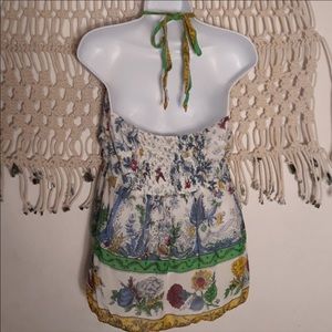 Anthro Odille floral/bird/tree colorful halter top
